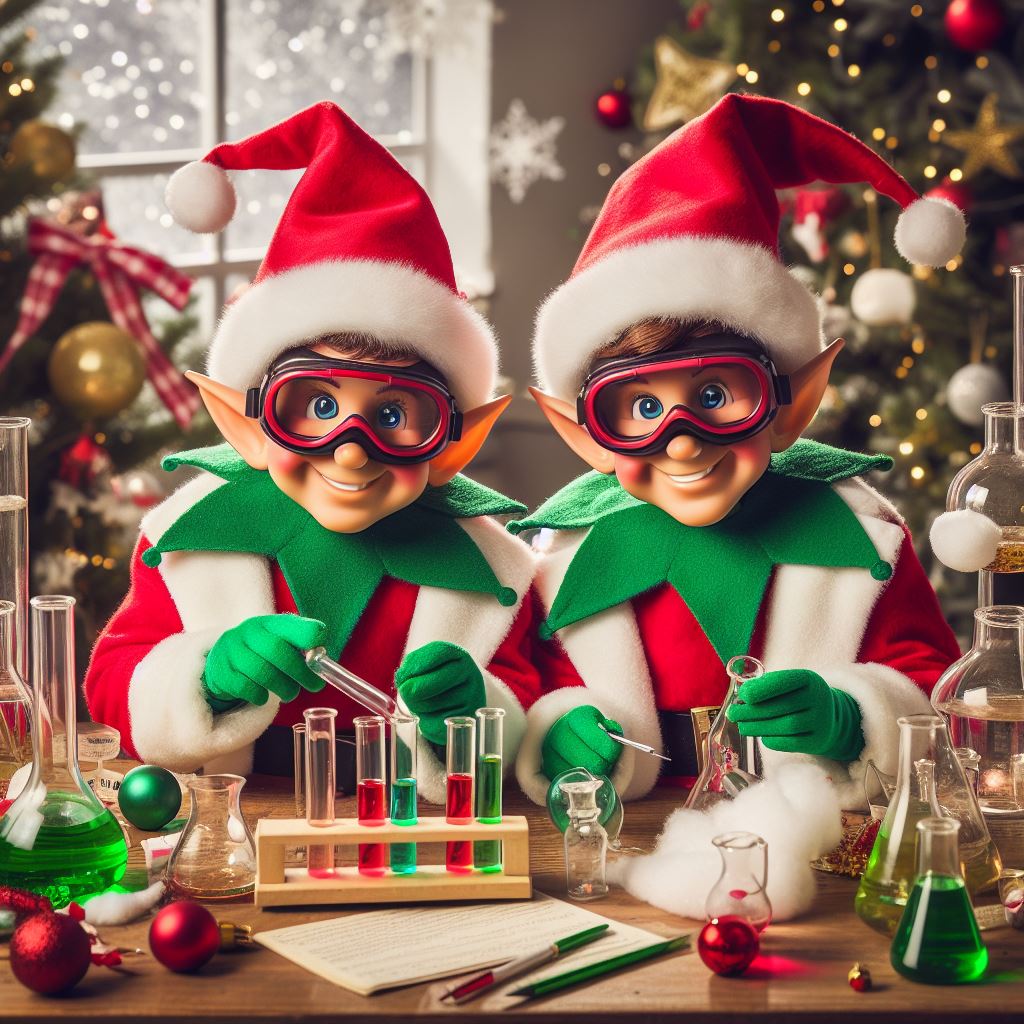 Two Christmas elves in a chemistry lab doing experiments
