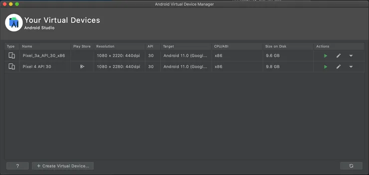 The Android Virtual Device manager enables you to add a large selection of recent emulators