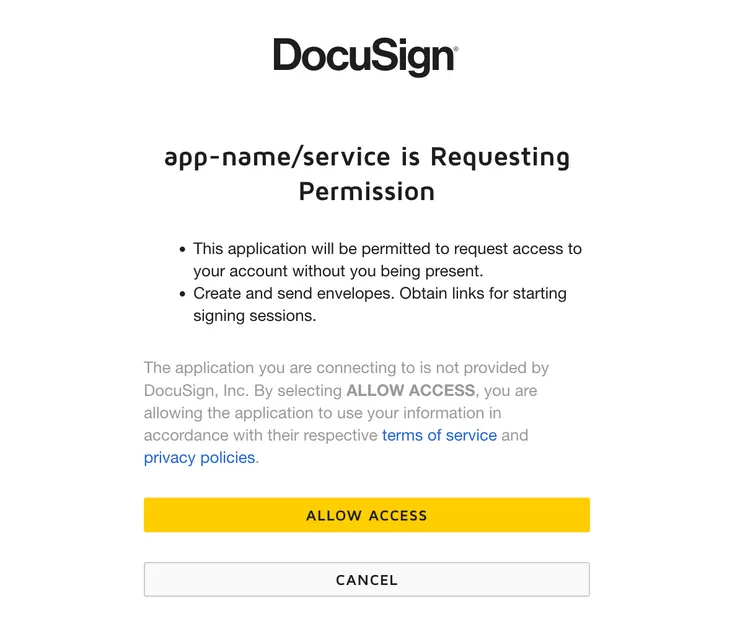 Docusign App Authorization request for delegated access