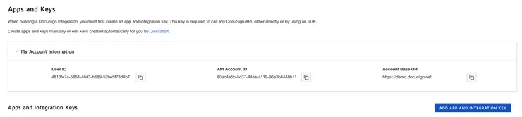 Docusign Apps and Keys management page