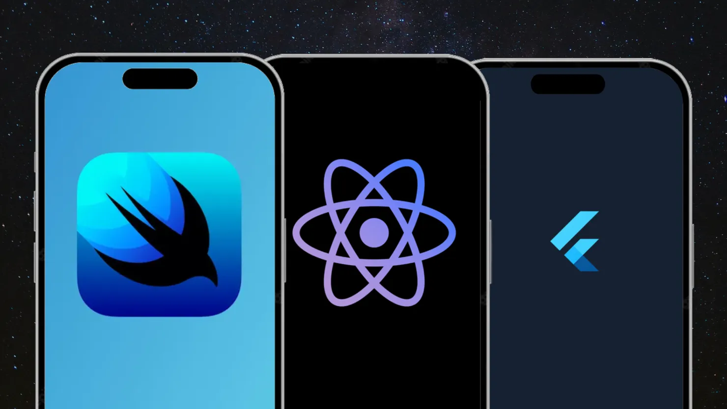 3 iPhones with SwiftUI, React Native, and Flutter logos