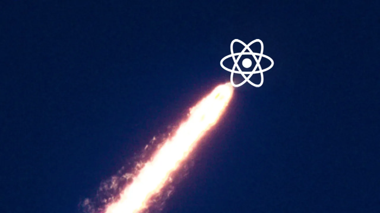 A React Native logo flying on a rocket.