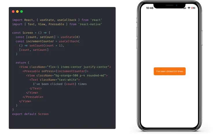 Example of simple react native code for a button with updating label