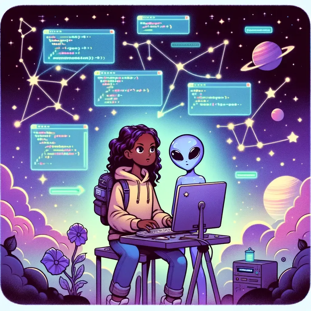 An alien and a human coding an app