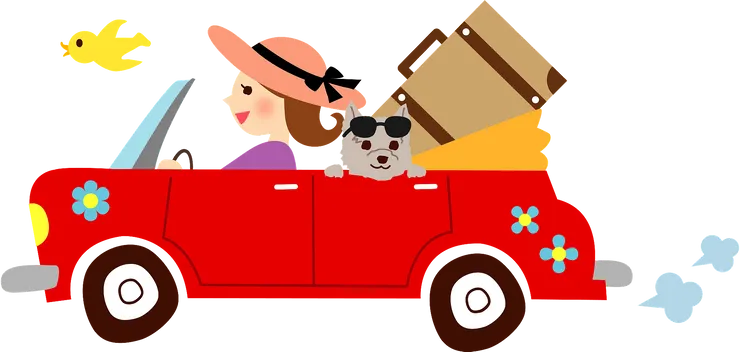 A cartoon drawing of a woman driving a red car filled with luggage. A dog wearing sunglasses on its head is in the backseat.
