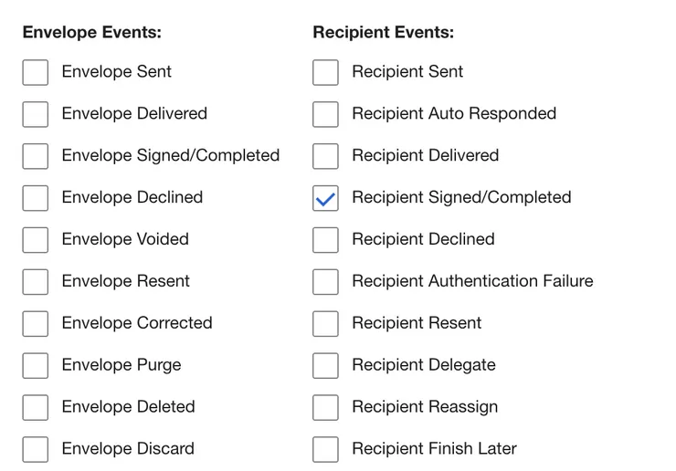 Docusign webhook events available to monitor the progress of an eSignature process
