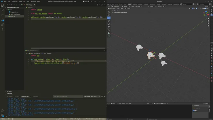 A screenshot from VSCode and Blender showing a code example with the add-on