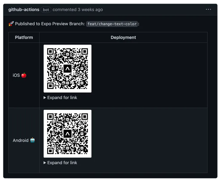 Comment from Github Action with Expo QR code and links to deployment preview