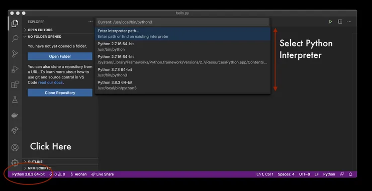 Screenshot of VSCode search bar, type command + shift + P to access