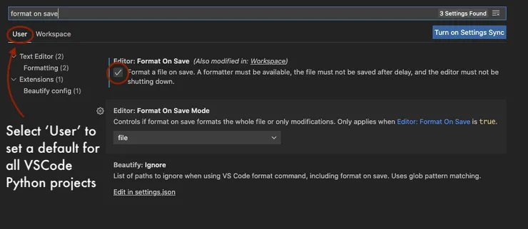 Screenshot of VSCode workplace settings search bar, with &#x27;format on save&#x27; typed in, and &#x27;user&#x27; tab selected on the left