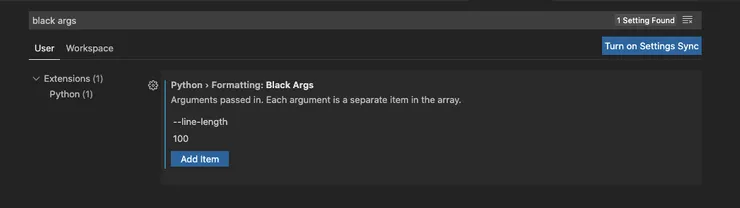 Screenshot of VSCode preferences with &#x27;black args&#x27; typed into the search bar