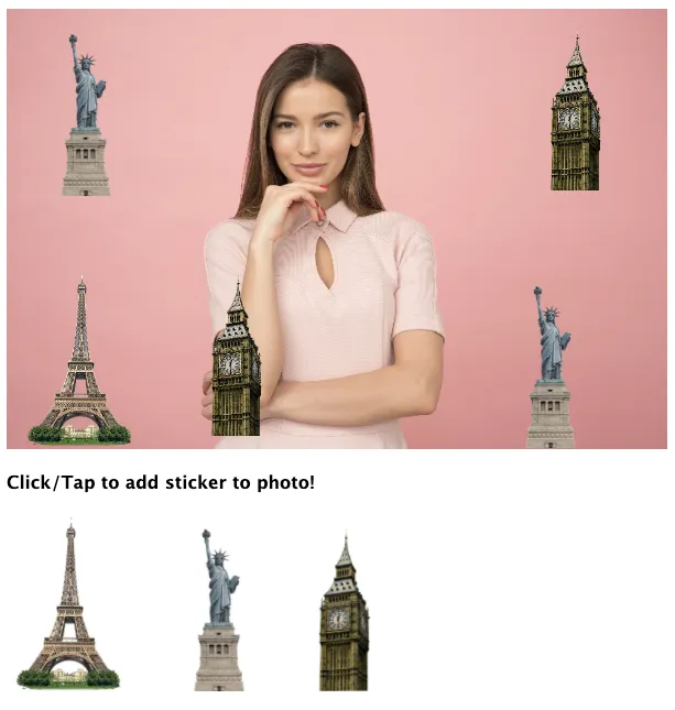 Woman in a pink dress with eiffel tower, big ben and statue of liberty stickers