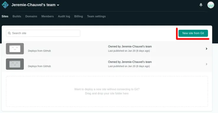 Netlify project selection page