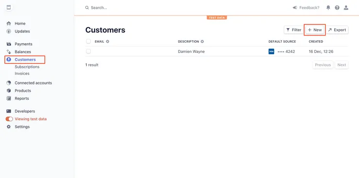 Stripe Dashboard with &#x27;Customers&#x27; tab open and &#x27;New&#x27; button in top right highlighted