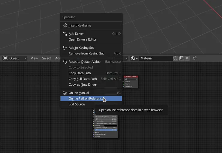 Screenshot from Blender showing the right click Online Python Reference