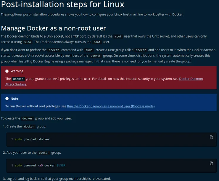 Docker post installation steps