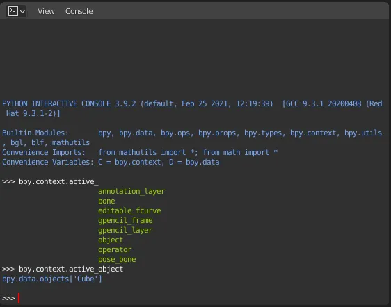 Screenshot from Blender showing the integrated Python console