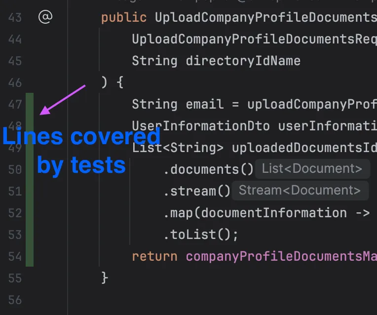 When the IDE is linked with QodanaCloud, the code coverage report is pulled and displayed directly in the IDE.