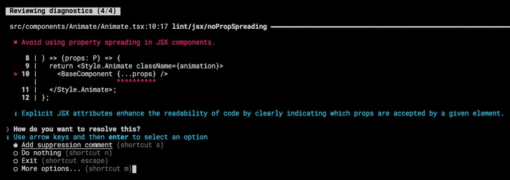 The props are using the spread syntax which is forbidden by Rome. The CLI explains the issue, as well as why this rule exists, and offers mulltiple options to fix the error.