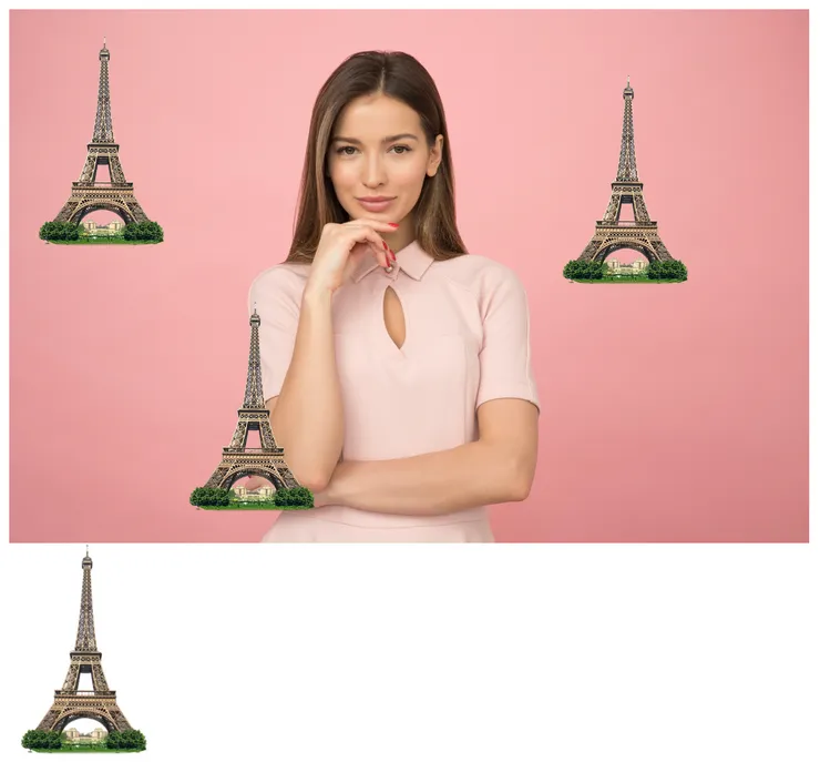 Woman in a pink dress with eiffel tower stickers