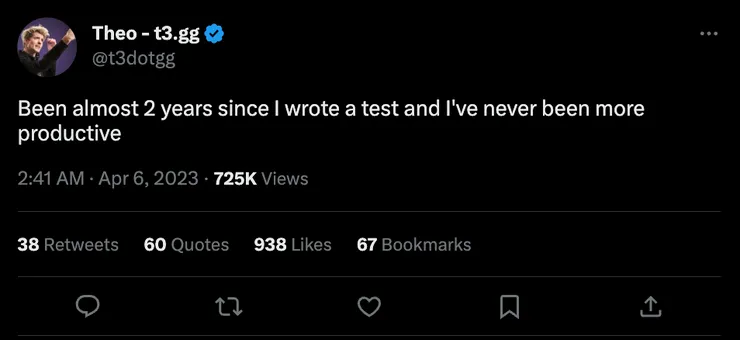 A Tweet by Theo about how he hasn&#x27;t written a test in 2 years