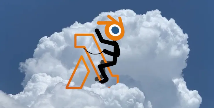 Drawing of a Blender stickman riding a Lambda function in the clouds