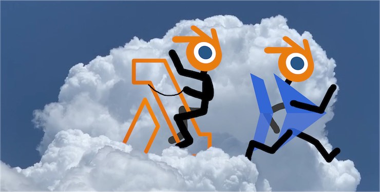 Drawing of a Blender stickman riding a Lambda function in the clouds and another Blender stickman with Google Cloud Run's logo as its trunk.