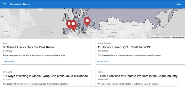Screenshot of demo website homepage with dummy articles and map interface displaying article location.